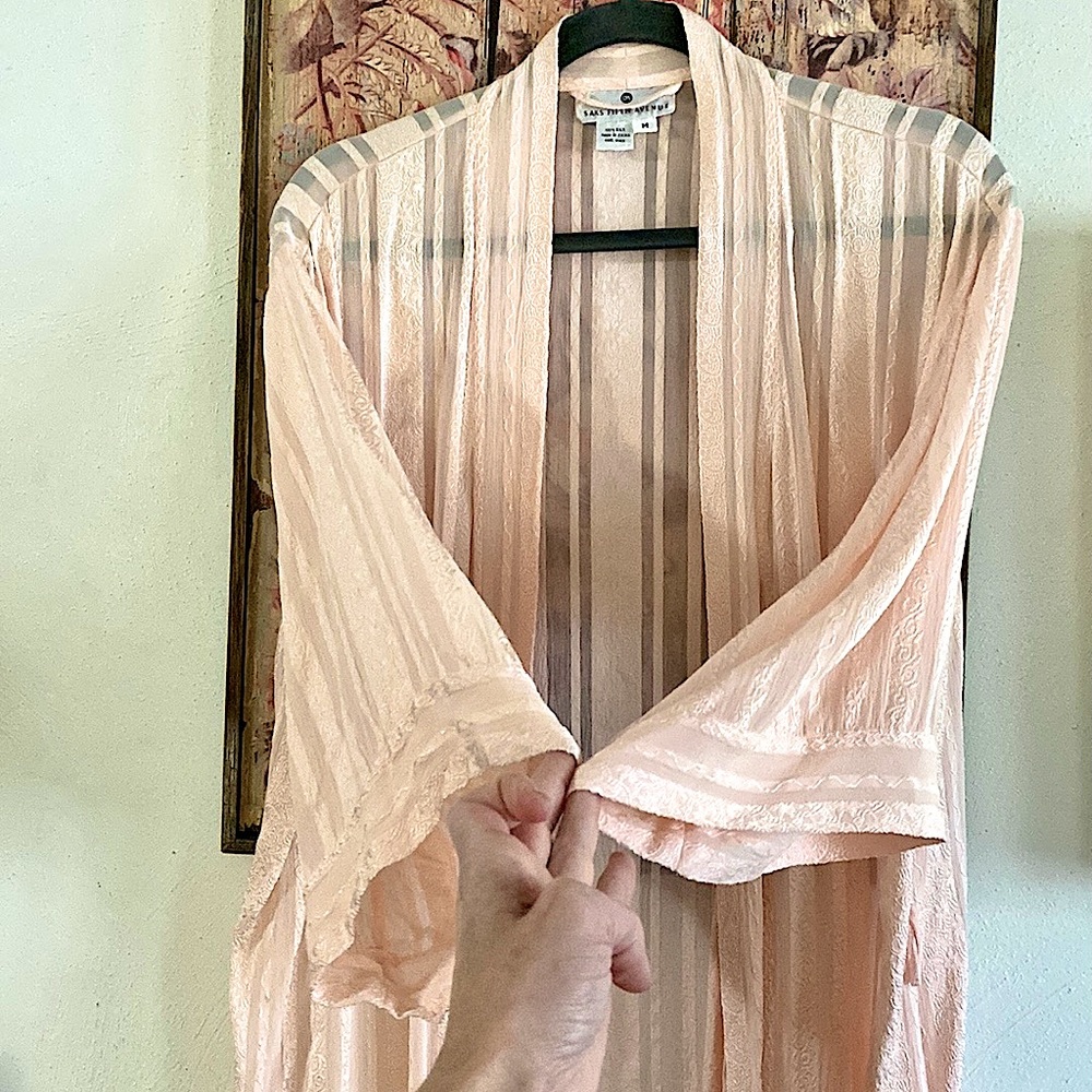 SAKS FIFTH AVENUE 100% SILK KIMONO ROBE SHORT ROBE SILK LOUNGEWEAR - Picture 2 of 13